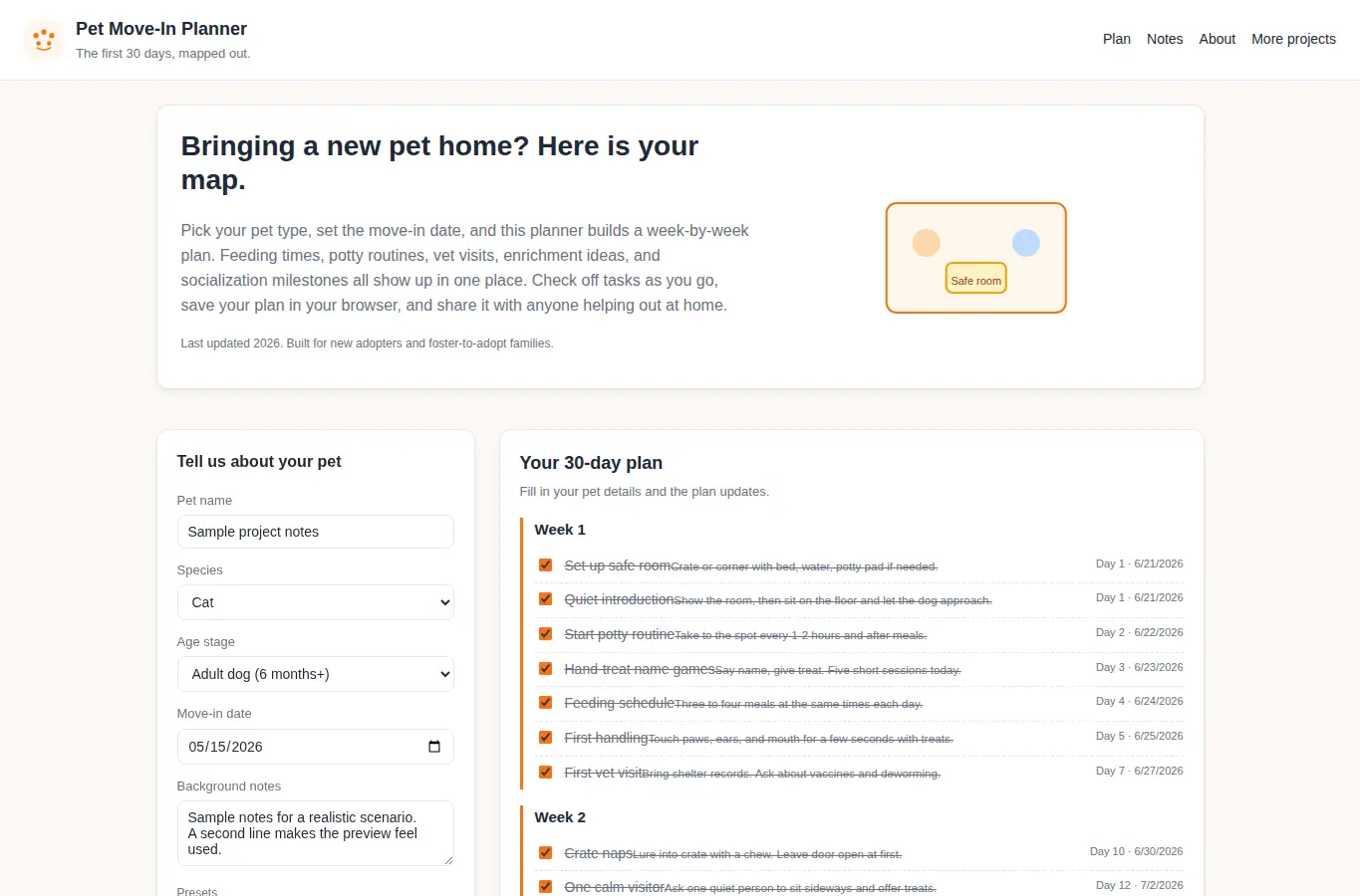 Screenshot of Pet Move-In Prep and Settlement Planner interface showing the project page in use